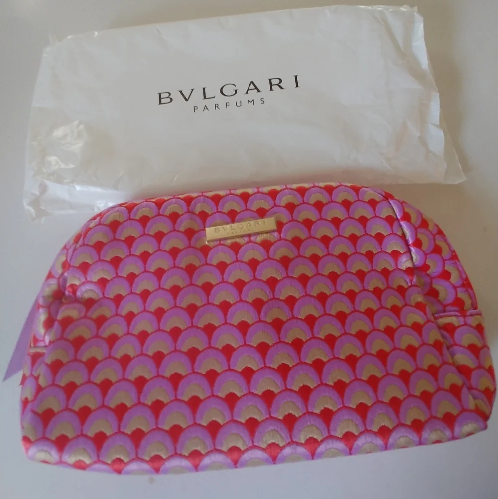 Bulgari Pink & Purple Scallop-Print Cosmetic Pouch with Gold Plaque - Picture 1 of 6